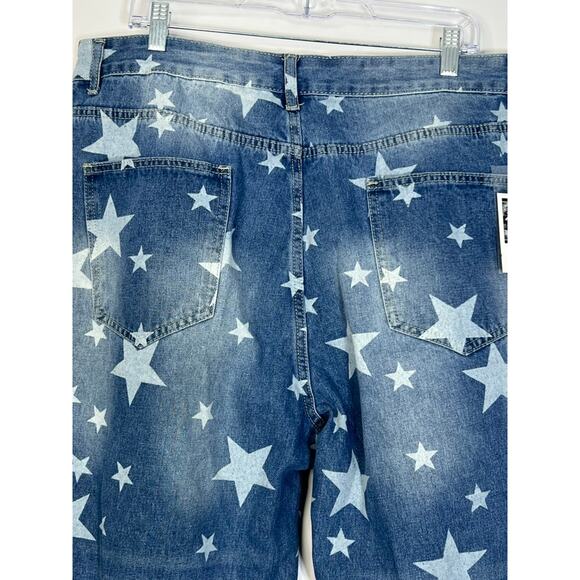 NWT Mekool Distressed Blue With Star Print High Waisted Jeans Pants Size 2XL - Picture 5 of 10